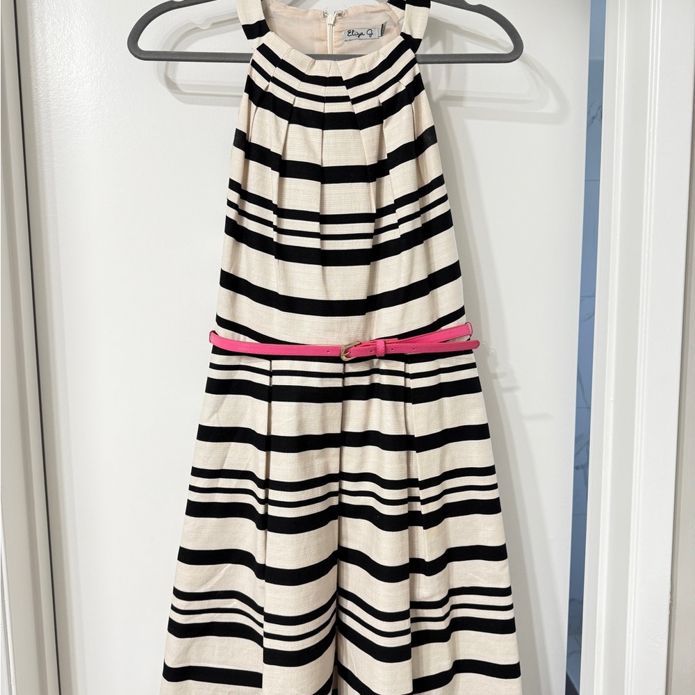 Eliza J Black and White Striped Dress with Pink Belt